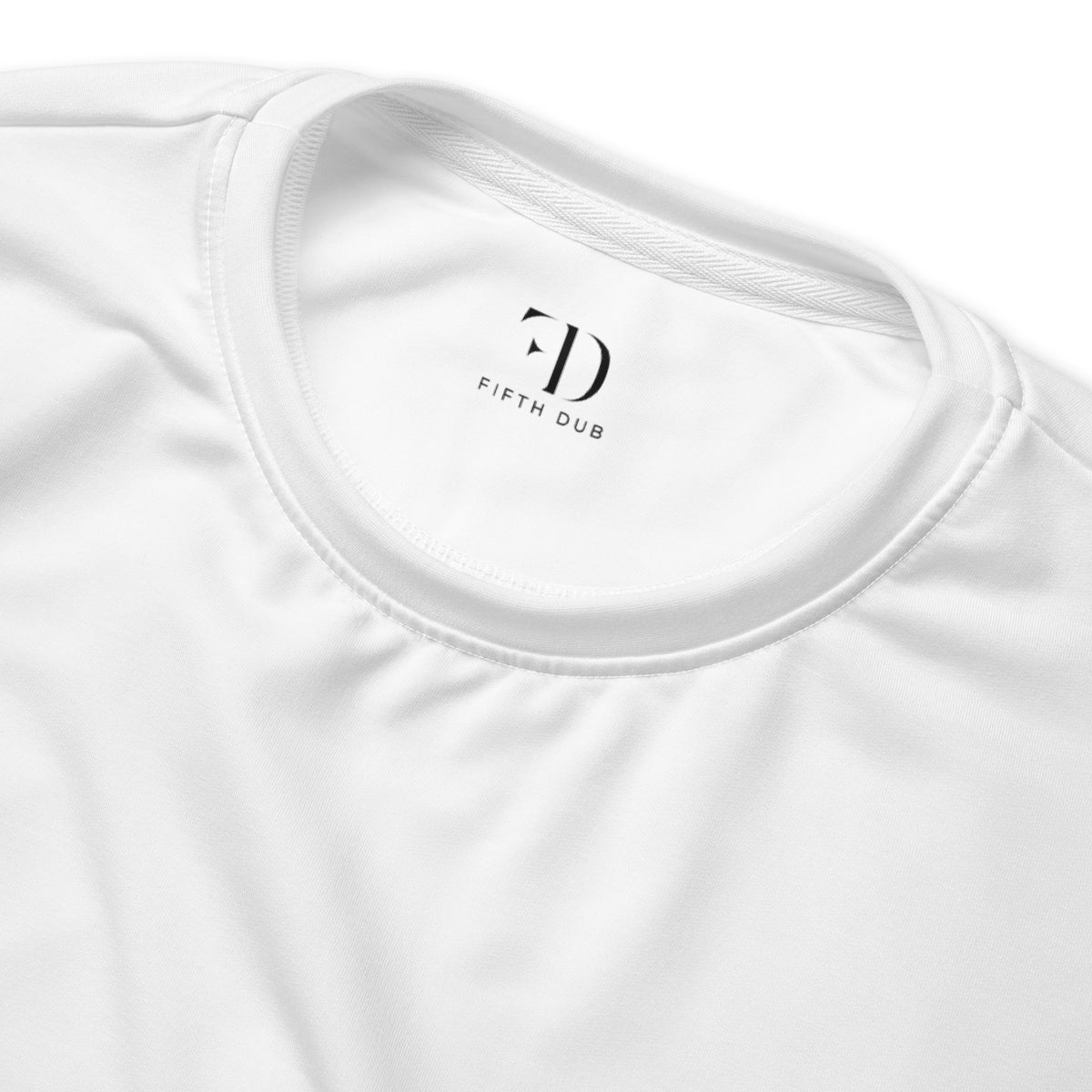 Close-up of a white t-shirt with 'Fifth Dub' logo on a white background