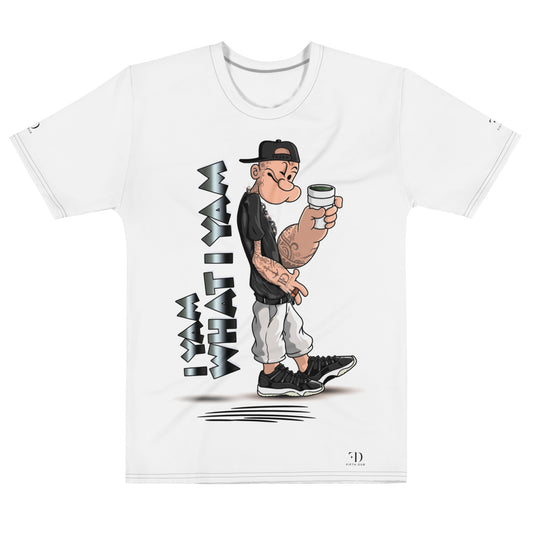 White Fifth Dub t-shirt featuring a dapper Popeye-inspired character holding a cup with “I Yam What I Yam” text in a modern streetwear style.