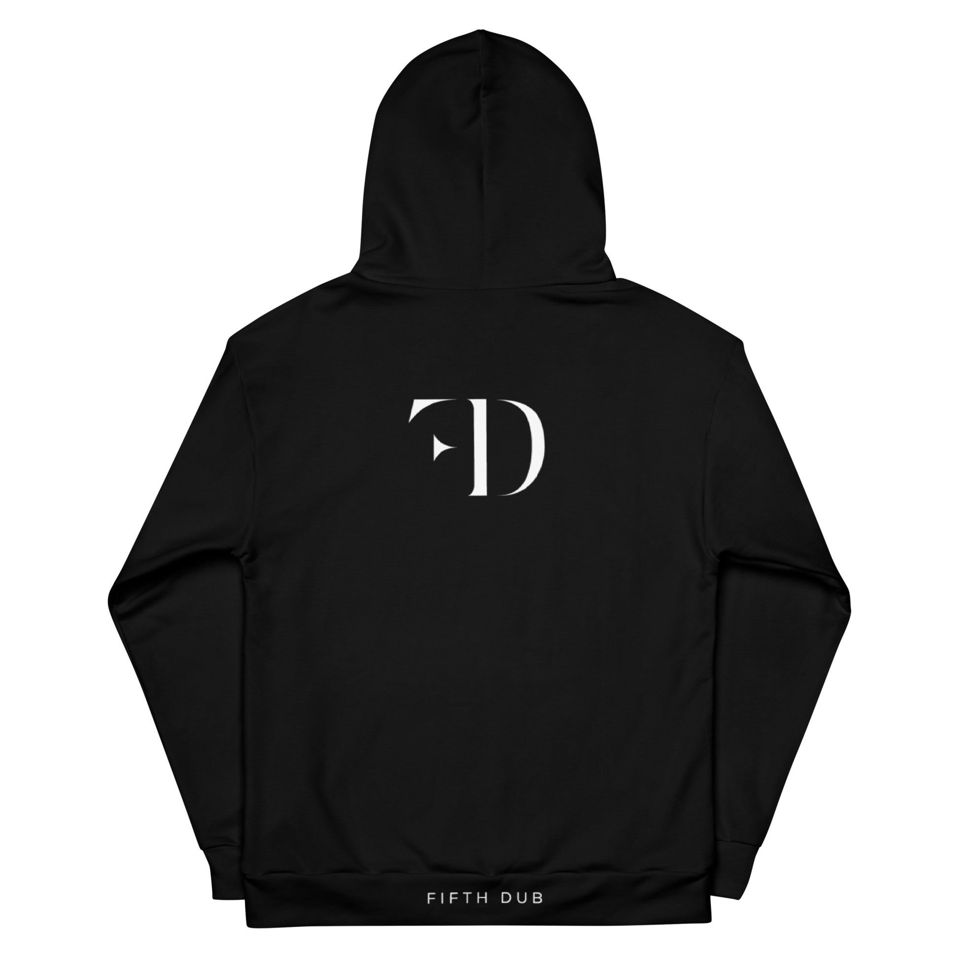 Black Fifth Dub hoodie with minimalist branding, front kangaroo pocket, and frosted patterned lining inside the hood