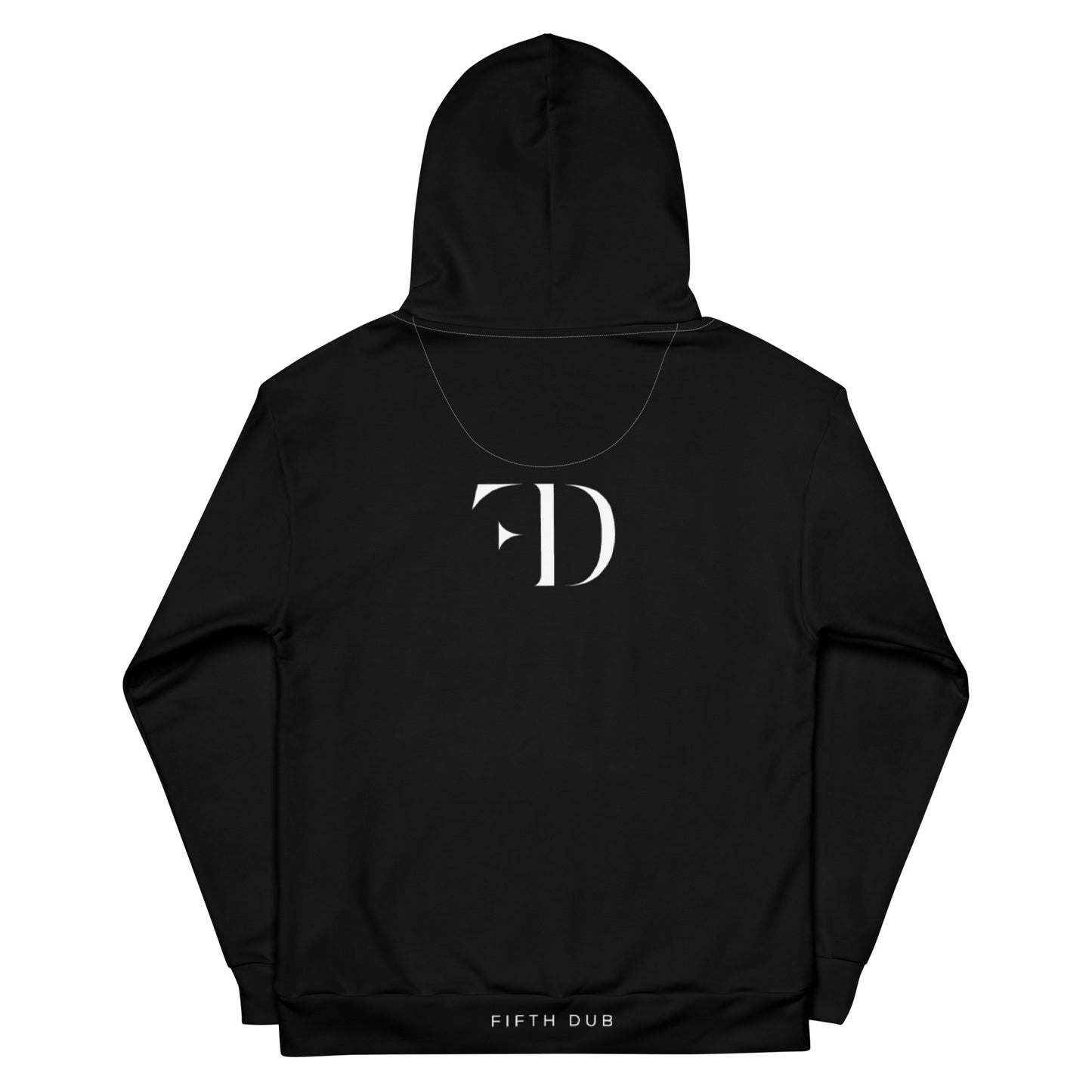 Black Fifth Dub hoodie with minimalist branding, front kangaroo pocket, and frosted patterned lining inside the hood