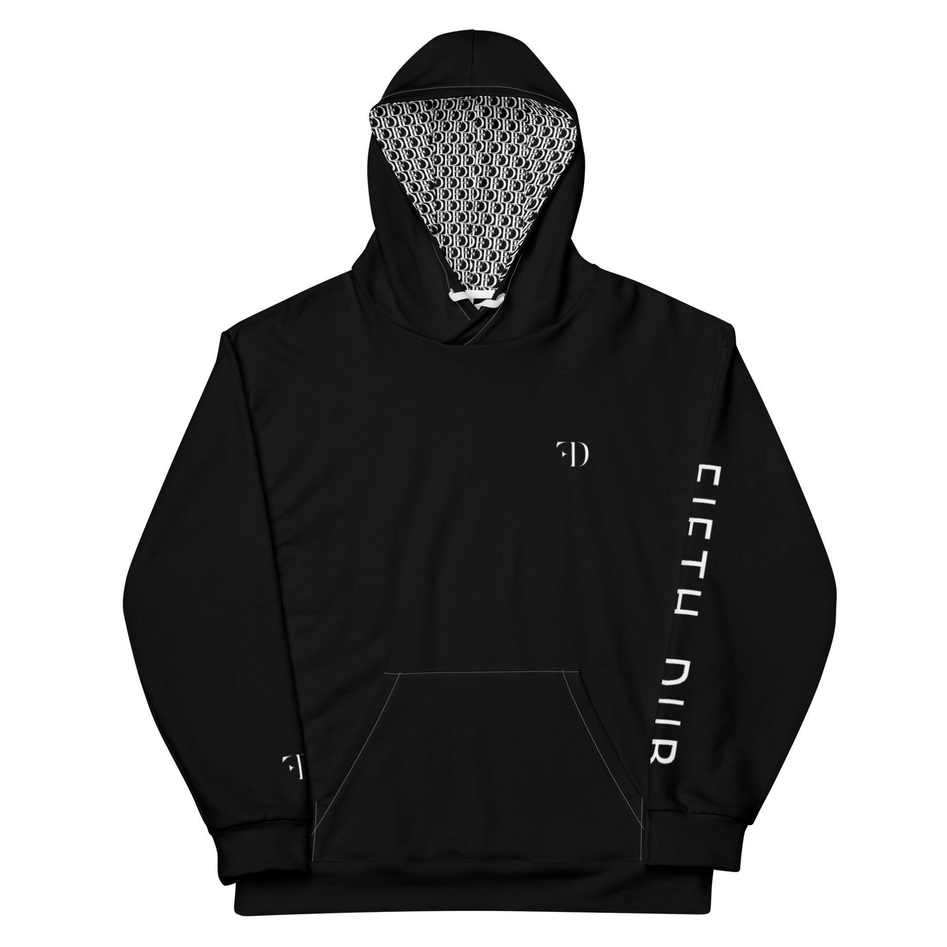 Black Fifth Dub hoodie with minimalist branding, front kangaroo pocket, and frosted patterned lining inside the hood